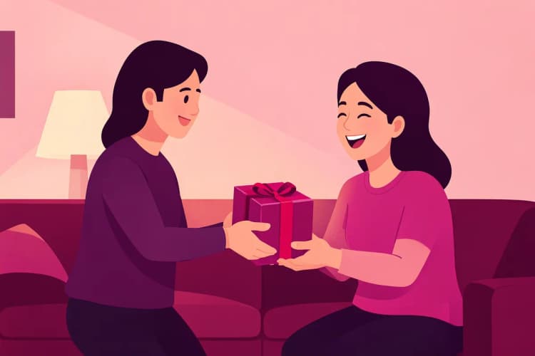 Uma pessoa sorrindo e recebendo um presente de outra pessoa, ambas em um ambiente aconchegante.