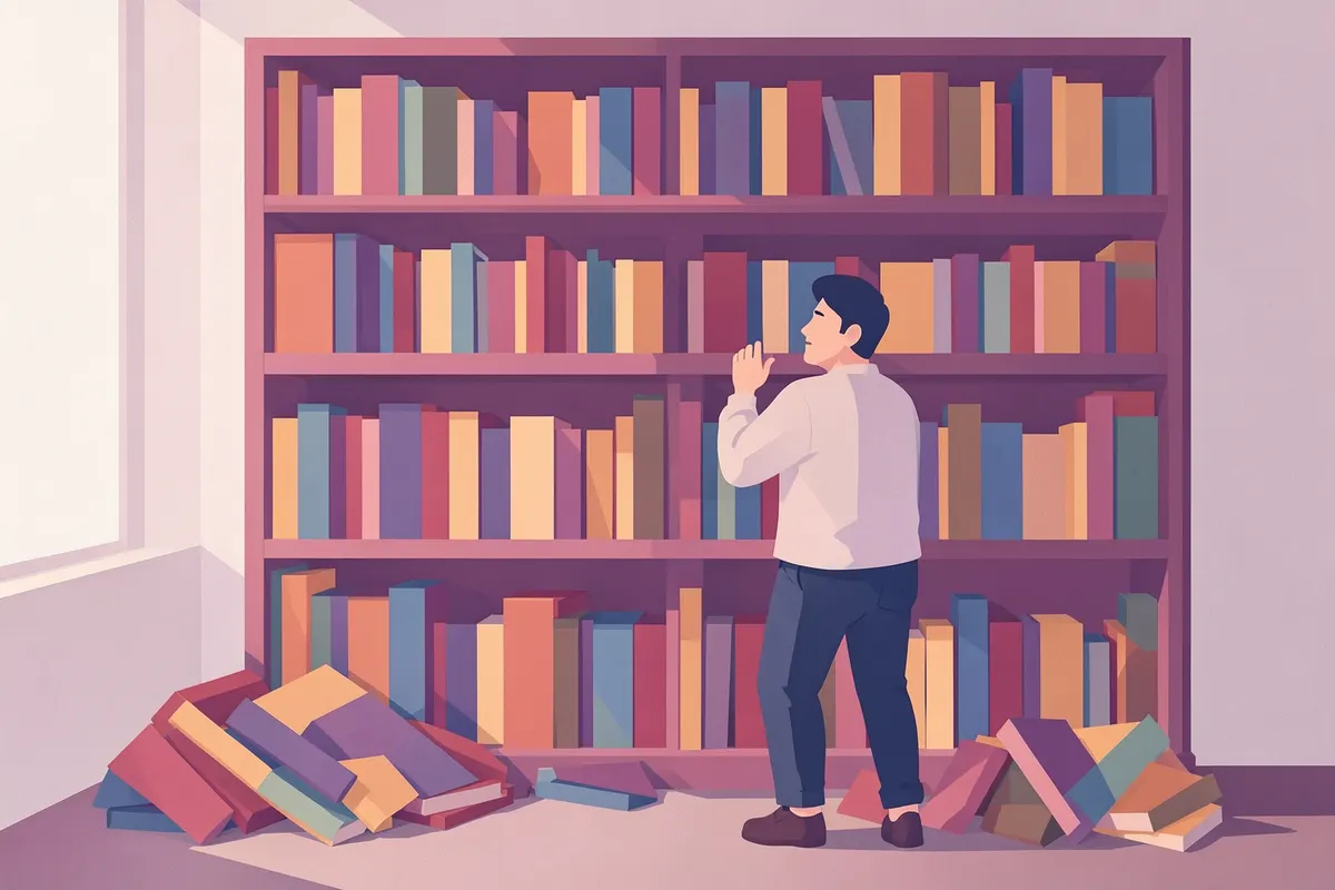 Uma pessoa olhando para uma estante de livros cheia, com uma expressão de dúvida.