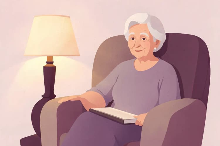 Mulher idosa sorrindo, sentada em uma poltrona confortável com um livro no colo.