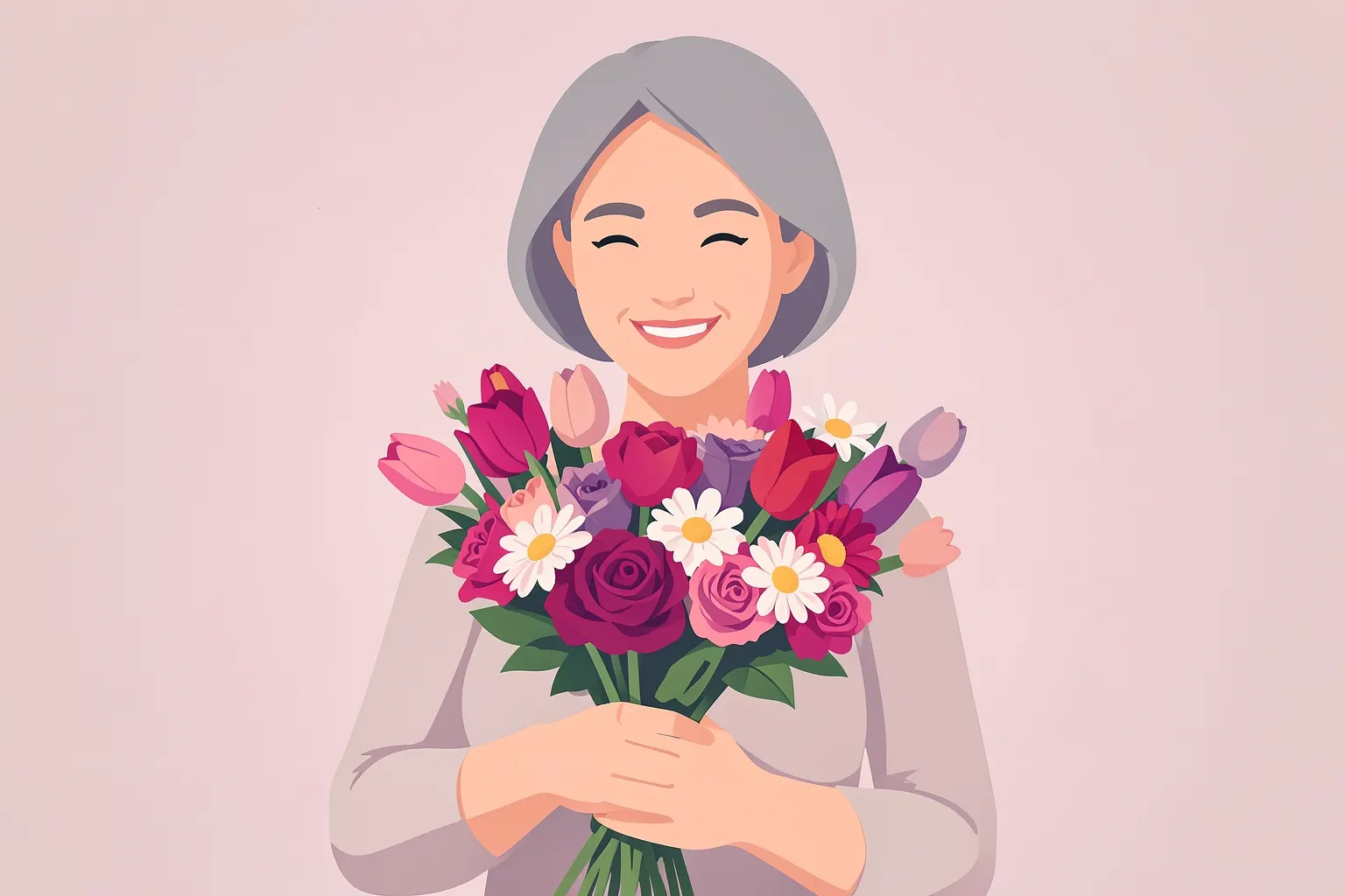Mulher sorrindo, recebendo um buquê de flores de outra pessoa.