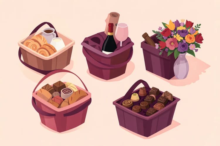 Variedade de cestas de presentes temáticas: café da manhã, vinhos, chocolates e flores.