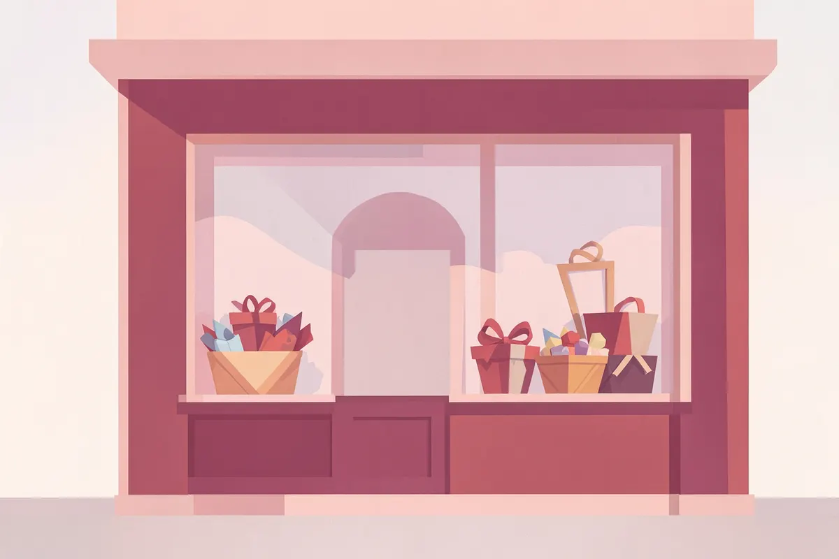 Fachada de uma loja especializada em cestas de presentes com vitrine decorada.