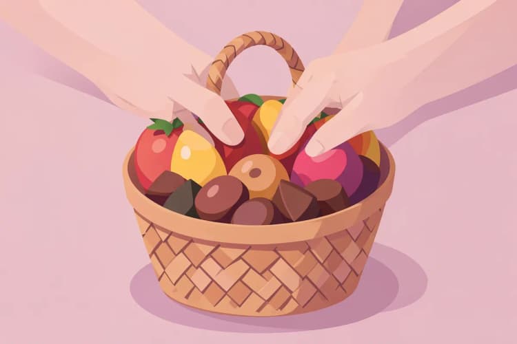 Mãos arrumando frutas e chocolates em uma cesta para presente.