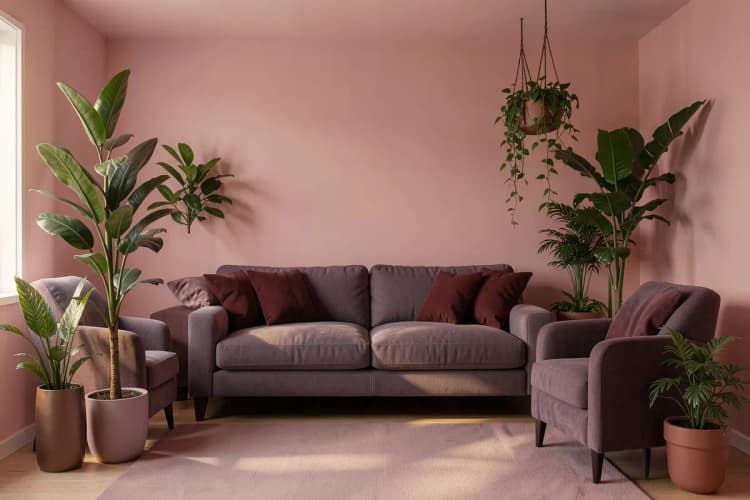 Sala de estar com diversas plantas decorativas em vasos, criando um ambiente aconchegante.