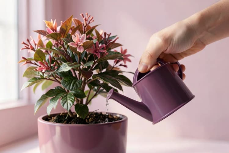 Mão regando uma planta decorativa em vaso com um regador pequeno.