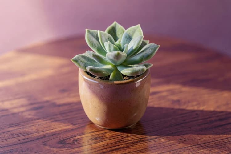 Suculenta pequena em um vaso de cerâmica sobre uma mesa de madeira.