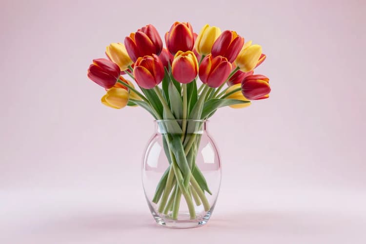 Um vaso de vidro com tulipas vermelhas e amarelas em destaque, sobre uma superfície branca.