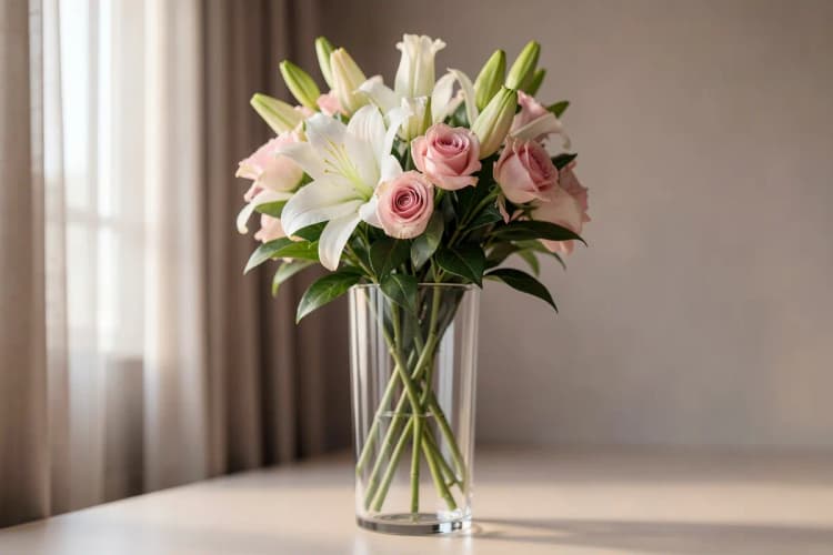 Um arranjo de lírios brancos e rosas cor-de-rosa em um vaso alto de cristal, em um ambiente interno bem iluminado.