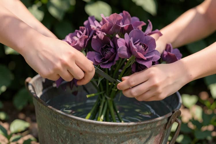 Mãos aparando os caules de um ramo de flores em um balde com água, em um ambiente de jardim.