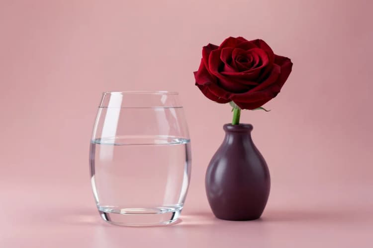 Um copo com água e conservante floral, ao lado de um pequeno vaso com uma única rosa.